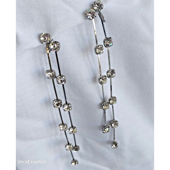 Vintage Glam Shoulder Duster Earrings Silver Tone Rhinestones 2 row 6" 80s - Picture 2 of 7